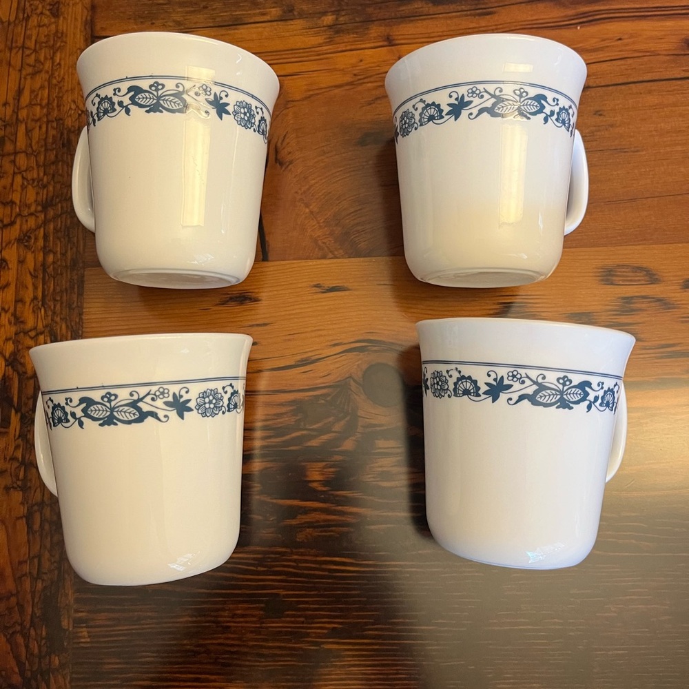 Vintage Pyrex “milk glass” mugs Old Town Blue pattern